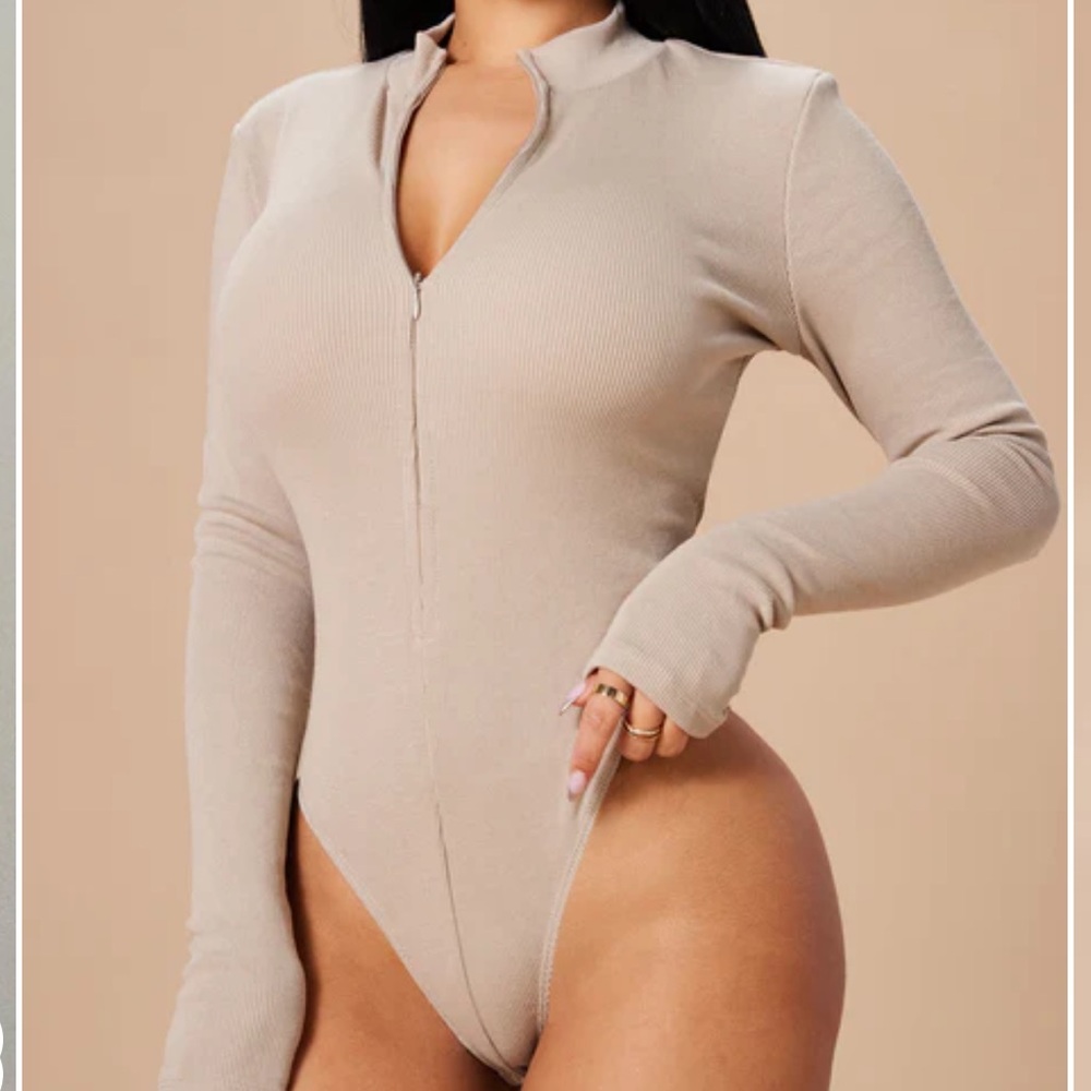 Fashion Nova Taupe Long Sleeve Thong Zip Up Bodysuit